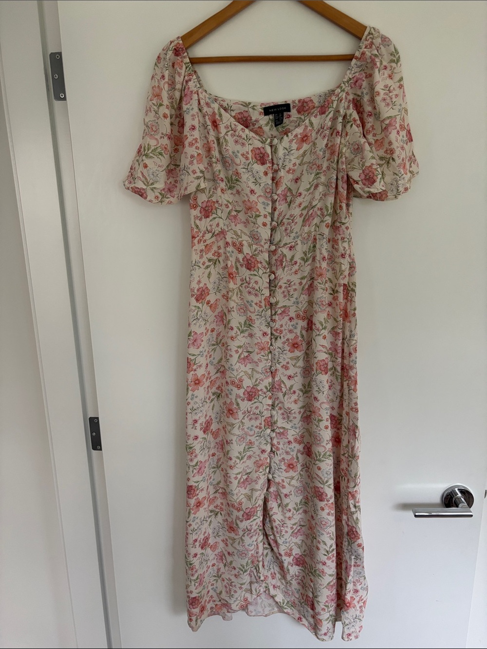 New Look Cream Midi Dress with Pink Floral Print